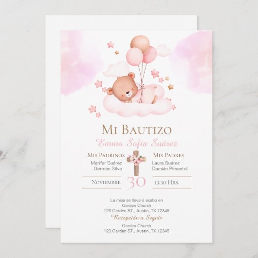 Taufe der Mädchen mit einem rosa Bär und Ballons Einladung (Vorne/Hinten)