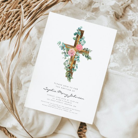 Taufe der religiösen Cross Pink Floral Girl Einladung