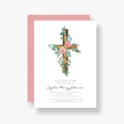 Taufe der religiösen Cross Pink Floral Girl Einladung