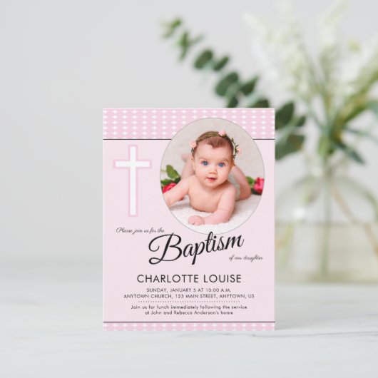 Taufe der rosa Girl, kreuz Christening - Einladung (Stehend Vorderseite)