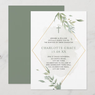 Taufe der Taufe "Sage Green & Gold Watercolor Foli Einladung