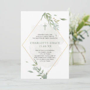 Taufe der Taufe "Sage Green & Gold Watercolor Foli Einladung