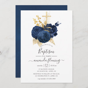 Taufe der Vintagen Rose Navy Blue und Gold Einladung