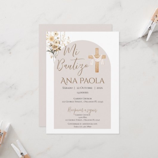 Taufe des Mädchens Boho mit einem Bären in Wolken Einladung (Vorderseite/Rückseite Beispiel)