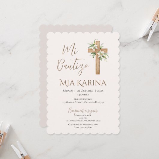 Taufe des Mädchens Boho mit einem Bären in Wolken Einladung (Vorderseite/Rückseite Beispiel)