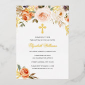 Taufe des Peach Gold Watercolor Floral Girl Folieneinladung (Vorderseite)