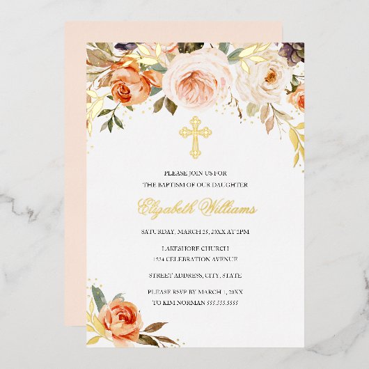 Taufe des Peach Gold Watercolor Floral Girl Folieneinladung (Vorderseite/Rückseite)