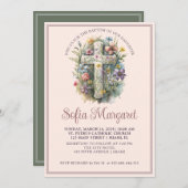 Taufe des religiösen Cross Watercolor Floral Girl Einladung (Vorne/Hinten)