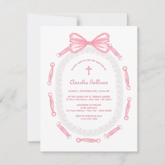 Taufe des rosa Bow-Ribbon-Frame Einladung (Vorderseite)