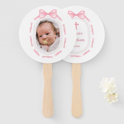 Taufe des rosa Bow-Ribbon-Frame Fächer (Vorne und Hinten)