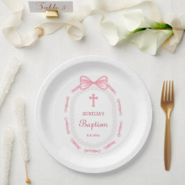 Taufe des rosa Bow-Ribbon-Frame Pappteller