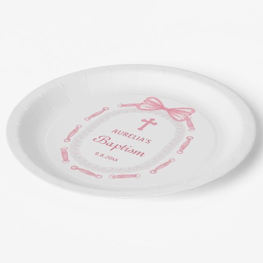 Taufe des rosa Bow-Ribbon-Frame Pappteller (Schrägansicht)