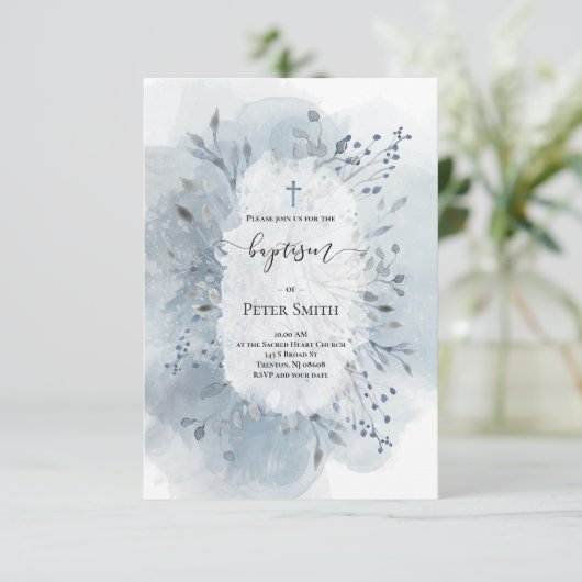 Taufe dustig blaue Aquarellblume Einladung (Stehend Vorderseite)