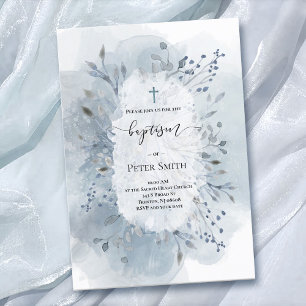 Taufe dustig blaue Aquarellblume Einladung