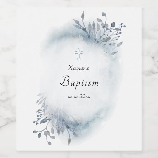 Taufe dustig blaue Aquarellpflanzen Weinetikett (Einzelnes Label)