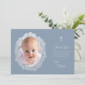 Taufe Dusty Blue Foto Blumenreath Imitats Silver Dankeskarte (Stehend Vorderseite)