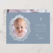 Taufe Dusty Blue Foto Blumenreath Imitats Silver Dankeskarte (Vorne/Hinten)