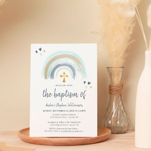 Taufe Dusty Blue und Weiß Boho Regenbogen Einladung