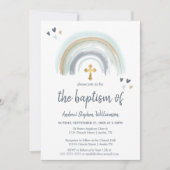 Taufe Dusty Blue und White Boho | Regenbogen Einladung (Vorderseite)