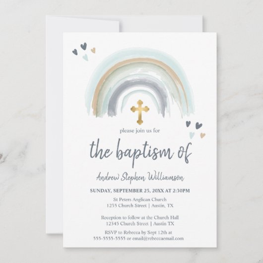 Taufe Dusty Blue und White Boho | Regenbogen Einladung (Vorderseite)