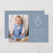 Taufe Dusty Blue Wappen Kreuz Elegantes Junge Foto Dankeskarte (Vorne/Hinten)