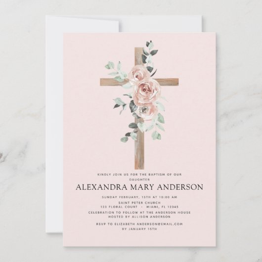 Taufe Dusty Pink Rose Grüne Eukalyptus Einladung (Vorderseite)