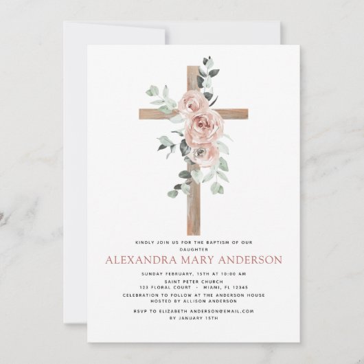 Taufe Dusty Pink Rose Grüne Eukalyptus Einladung (Vorderseite)
