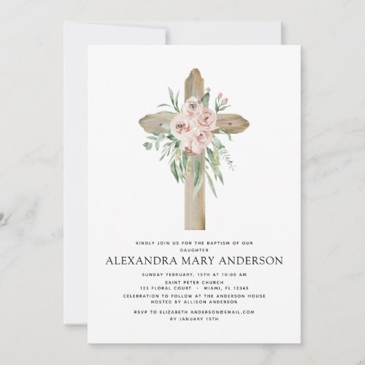 Taufe Dusty Pink Rose Grüne Eukalyptus Invita Einladung (Vorderseite)