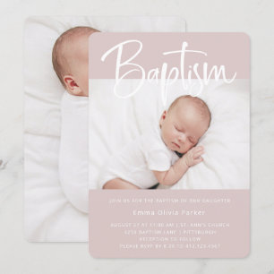 Taufe   Einfach minimales Rosa mit zwei Fotos Einladung