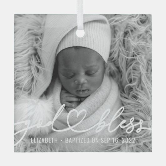Taufe Einfache Elegante Modernes Heart Baby Foto Ornament Aus Glas (Vorderseite)