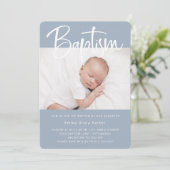 Taufe| Einfaches Minimalblau mit zwei Fotos Einladung (Stehend Vorderseite)