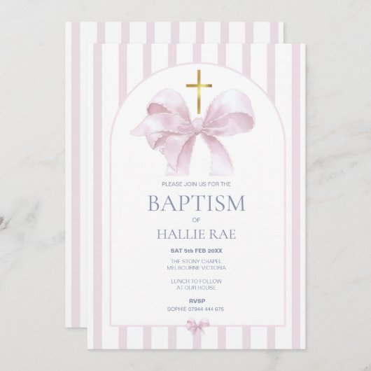 Taufe Einladung Mädchen, moderne rosa Bow & Streif (Vorne/Hinten)