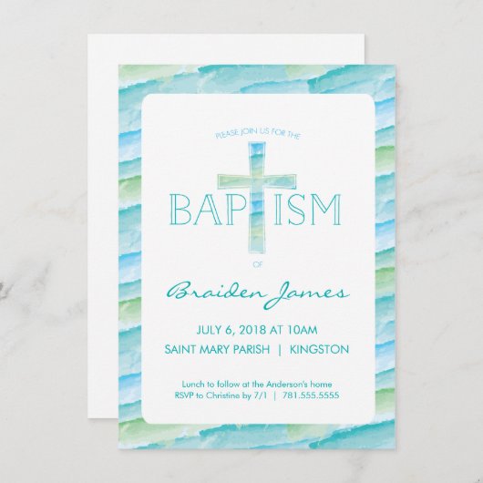 Taufe Einladung mit Wasserfarbkreuz - Junge (Vorne/Hinten)
