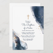 Taufe Einladung - Navy Watercolor Gold Glitzer (Vorne/Hinten)