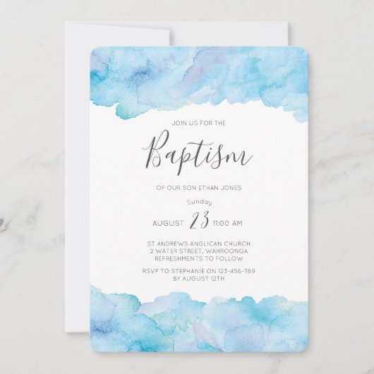 Taufe Einladung Salty Sea Blue Aquarell (Vorderseite)