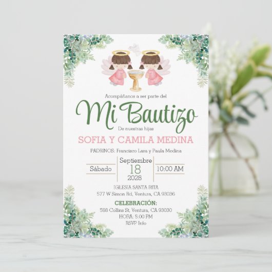 Taufe Einladung Spanisch zwei Mädchen Zwillinge Sc (Stehend Vorderseite)