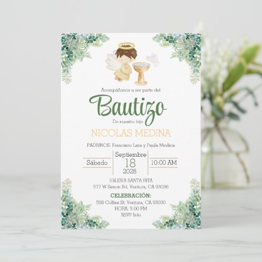 Taufe Einladung Spanischer Junge Grünpflanzen (Stehend Vorderseite)