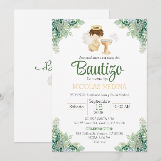 Taufe Einladung Spanischer Junge Grünpflanzen (Vorne/Hinten)