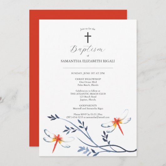 Taufe Einladungen Eltern Name Red Dragonfly (Vorne/Hinten)