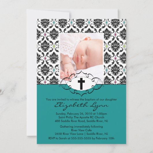 Taufe Einladungen Foto Damask (Vorderseite)