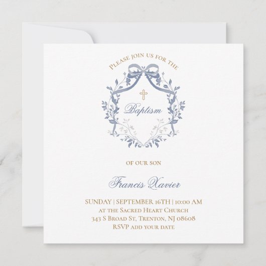 Taufe eleganter blauer Bogen Einladung (Rückseite)