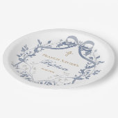 Taufe eleganter blauer Bogen Pappteller (Schrägansicht)