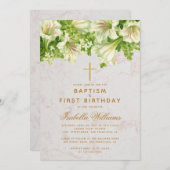 Taufe Erster Geburtstag Lilies Marble Gold Cross Einladung (Vorne/Hinten)