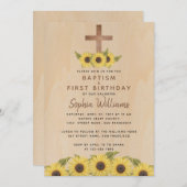 Taufe Erster Geburtstag Sonnenblumenkreuz Rustikal Einladung (Vorne/Hinten)