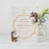 Taufe Erstgeburt Burgundy Peony Marble Gold Einladung (Stehend Vorderseite)