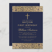 Taufe Erstgeburt Navy Blue Gold Rose Junge Einladung (Vorne/Hinten)