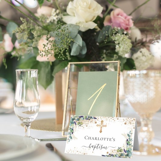 Taufe Eukalyptus Goldstaub Glitzer Platzkarte