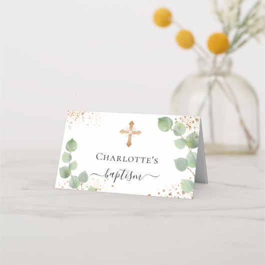 Taufe Eukalyptus Goldstaub Glitzer Platzkarte (Rückseite)