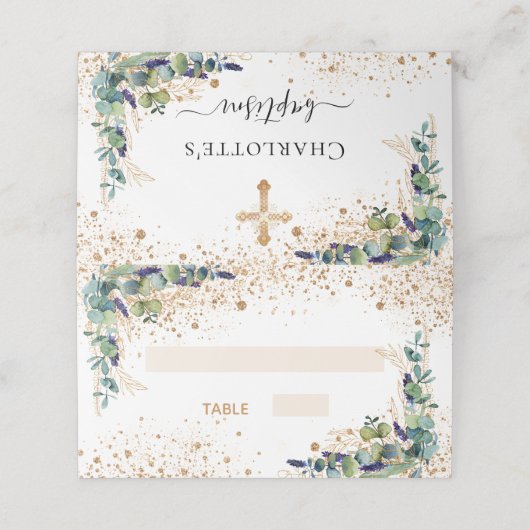 Taufe Eukalyptus Goldstaub Glitzer Platzkarte (Außenseite Aufgefaltet)
