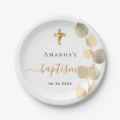 Taufe Eukalyptus goldweiß elegant Pappteller (Vorderseite)